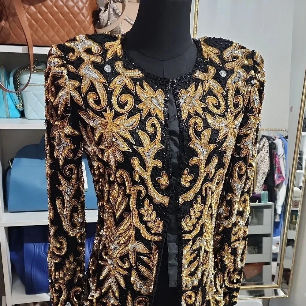 Vintage Laurence Kazar  Black and Gold Women's Jacket - Picture 3 of 7